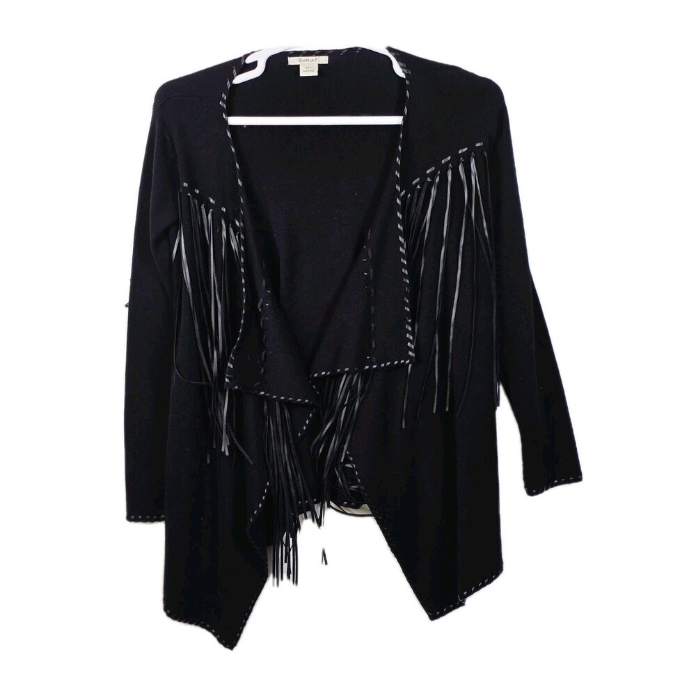 Ariat Trenton Women's Small Black‎ Open Cardigan w/ Black Leather Fringe